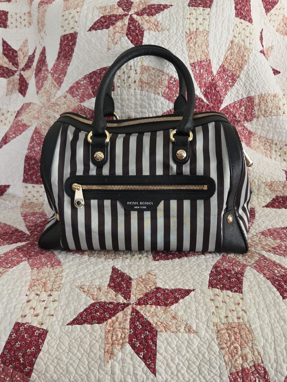 henri bendel Black and Grey Striped Dome Satchel with Gold Hardware